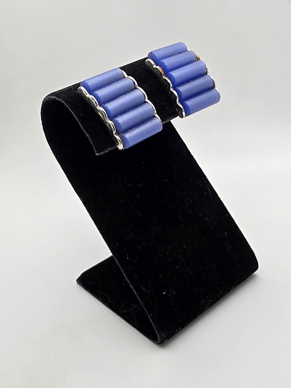 Ribbed Blue Thermoset Clip-On Earrings